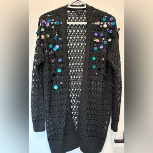 NWOT RW & CO black open crochet sweater with sparkly discs size